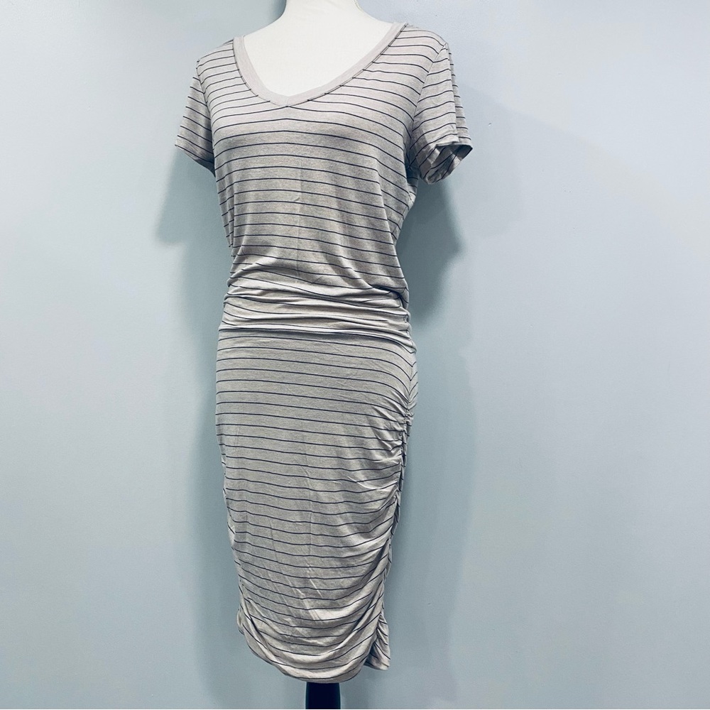 PRANA Foundation M Light Gray Striped Ruched Athletic T-Shirt Jersey Mini Dress
